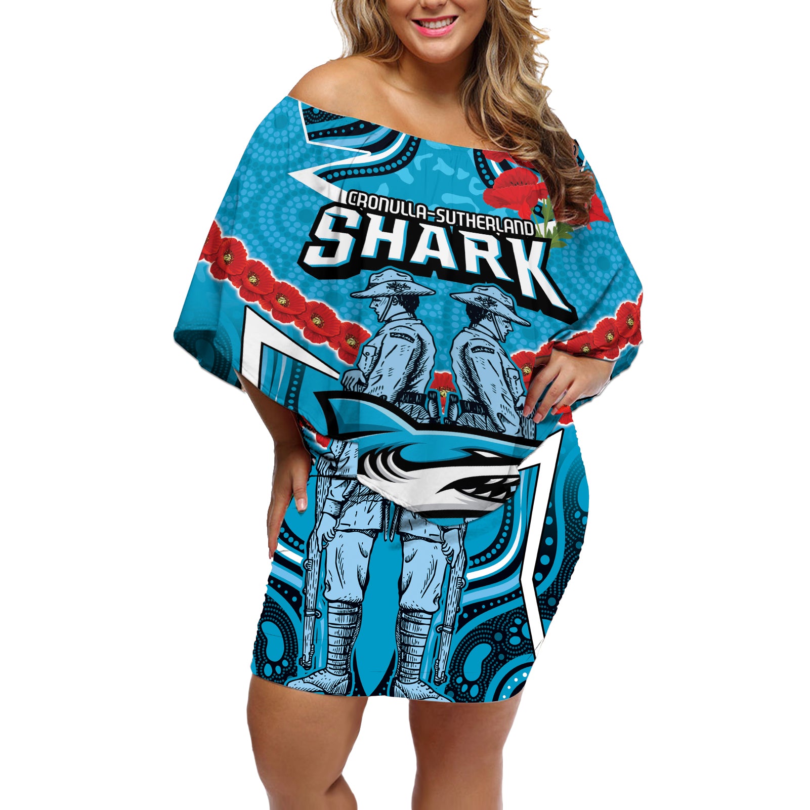 Custom Sharks Rugby ANZAC Off Shoulder Short Dress Gallipoli Soldier With Aboriginal Art