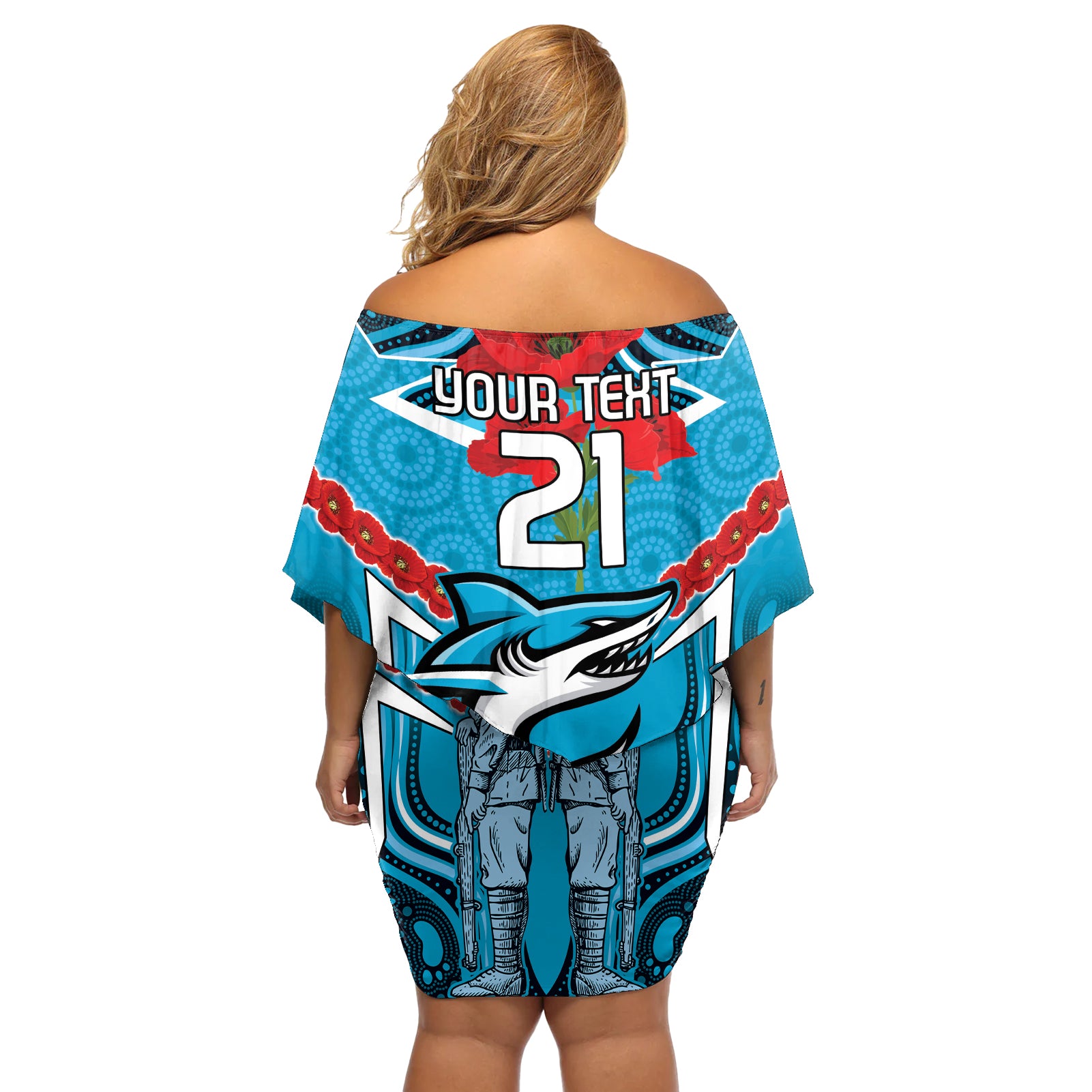 Custom Sharks Rugby ANZAC Off Shoulder Short Dress Gallipoli Soldier With Aboriginal Art