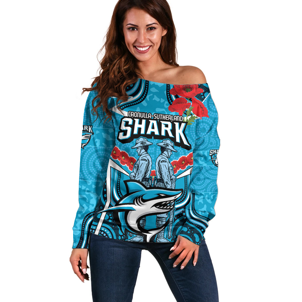 Custom Sharks Rugby ANZAC Off Shoulder Sweater Gallipoli Soldier With Aboriginal Art