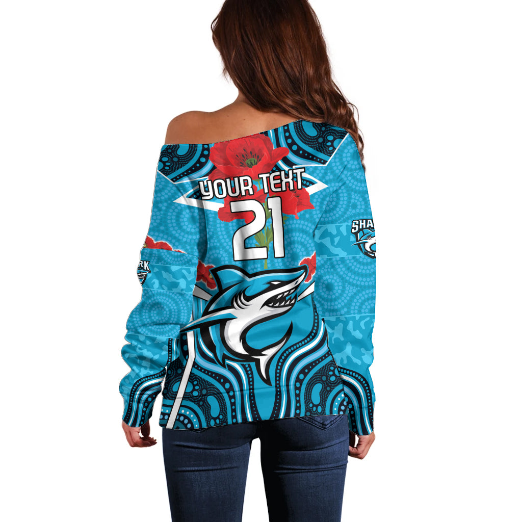 Custom Sharks Rugby ANZAC Off Shoulder Sweater Gallipoli Soldier With Aboriginal Art