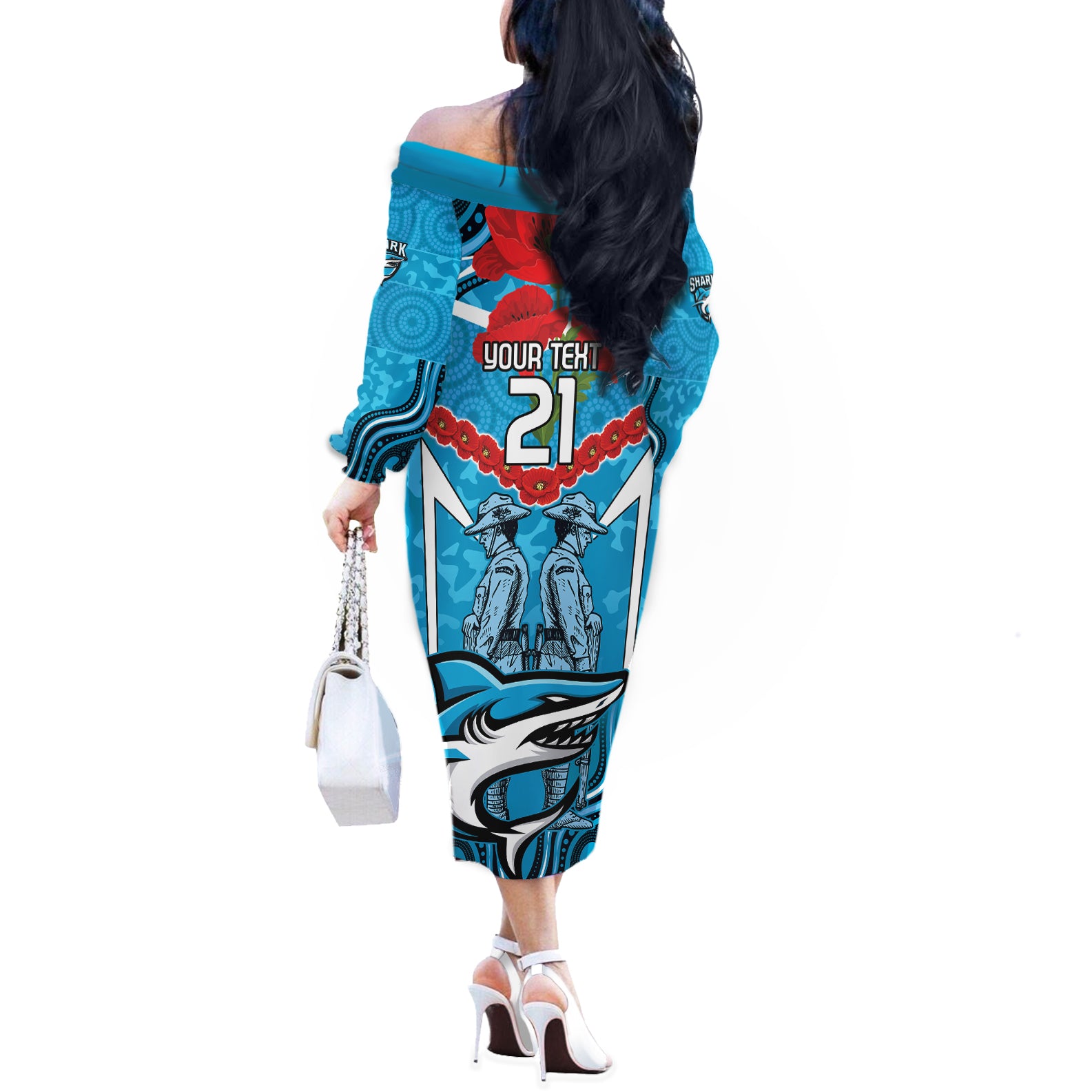 Custom Sharks Rugby ANZAC Off The Shoulder Long Sleeve Dress Gallipoli Soldier With Aboriginal Art