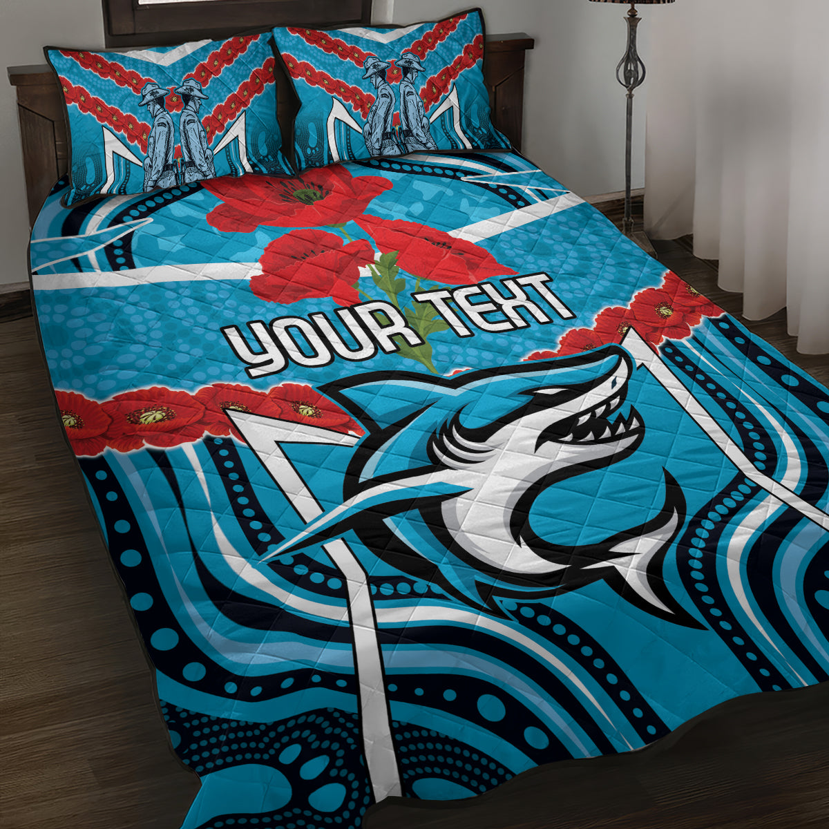 Custom Sharks Rugby ANZAC Quilt Bed Set Gallipoli Soldier With Aboriginal Art