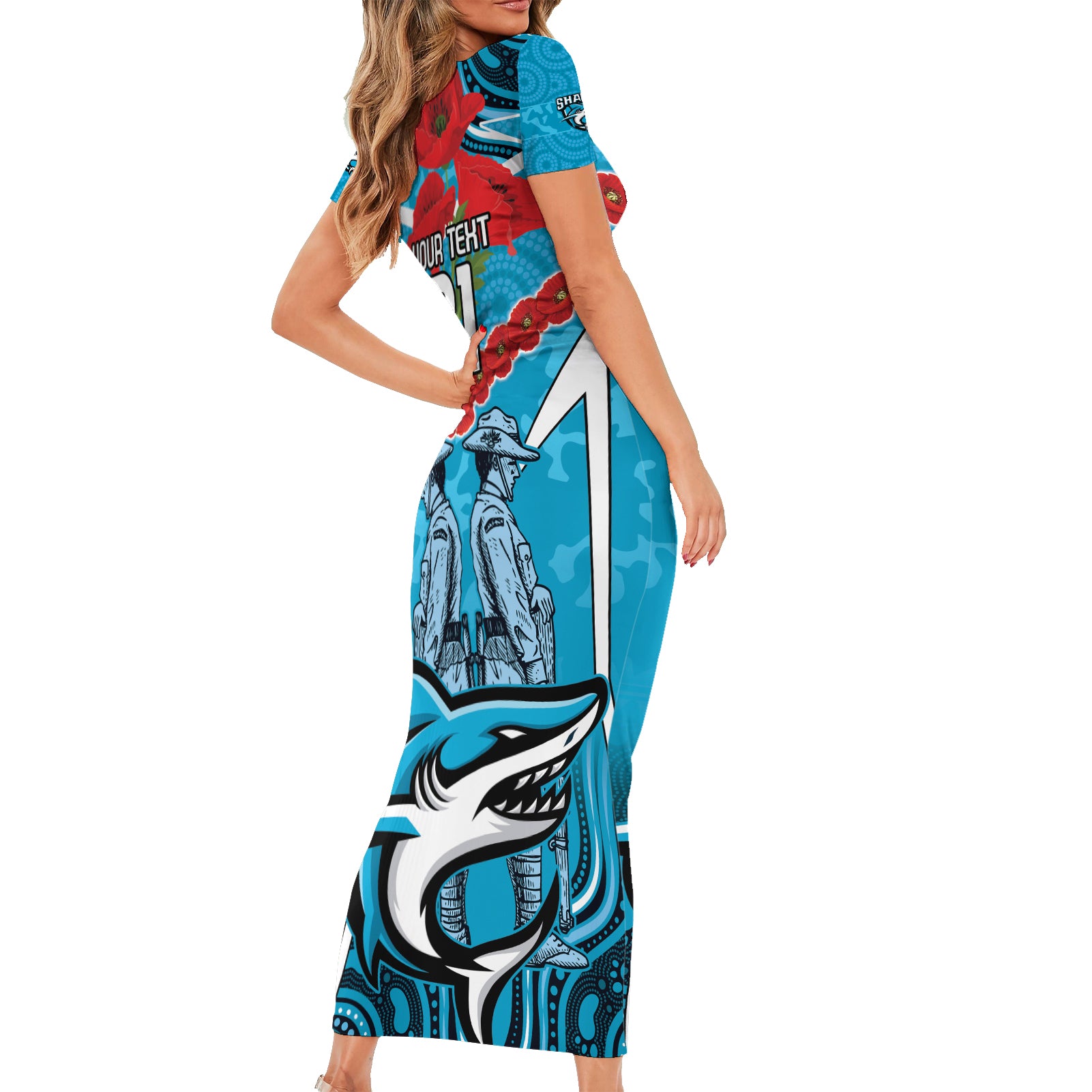 Custom Sharks Rugby ANZAC Short Sleeve Bodycon Dress Gallipoli Soldier With Aboriginal Art