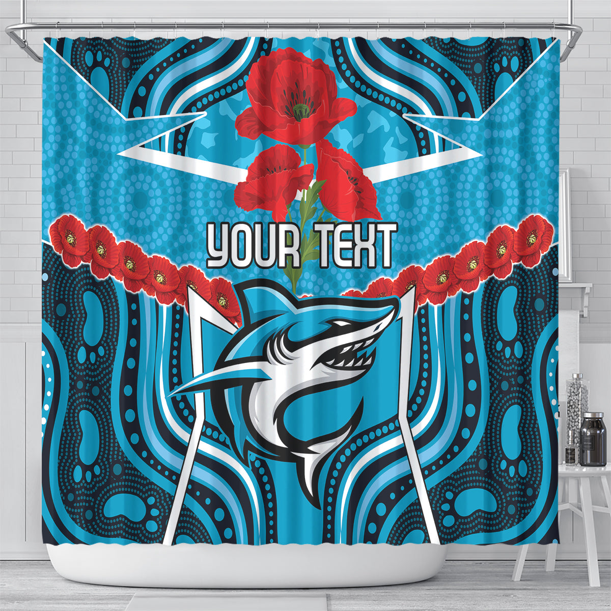 Custom Sharks Rugby ANZAC Shower Curtain Gallipoli Soldier With Aboriginal Art