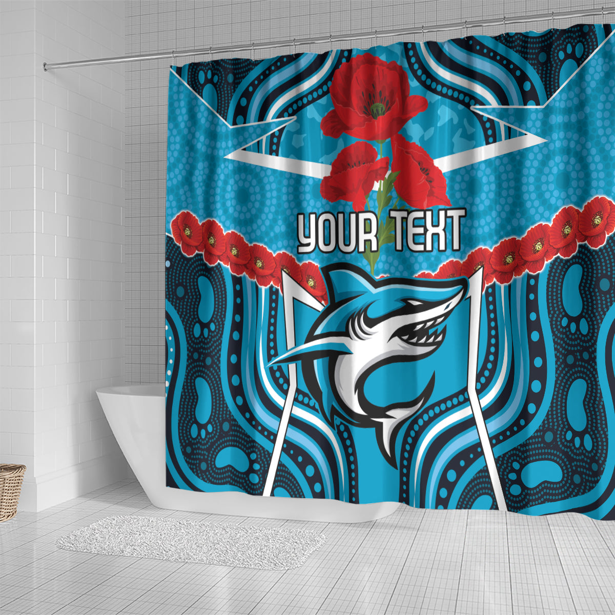 Custom Sharks Rugby ANZAC Shower Curtain Gallipoli Soldier With Aboriginal Art