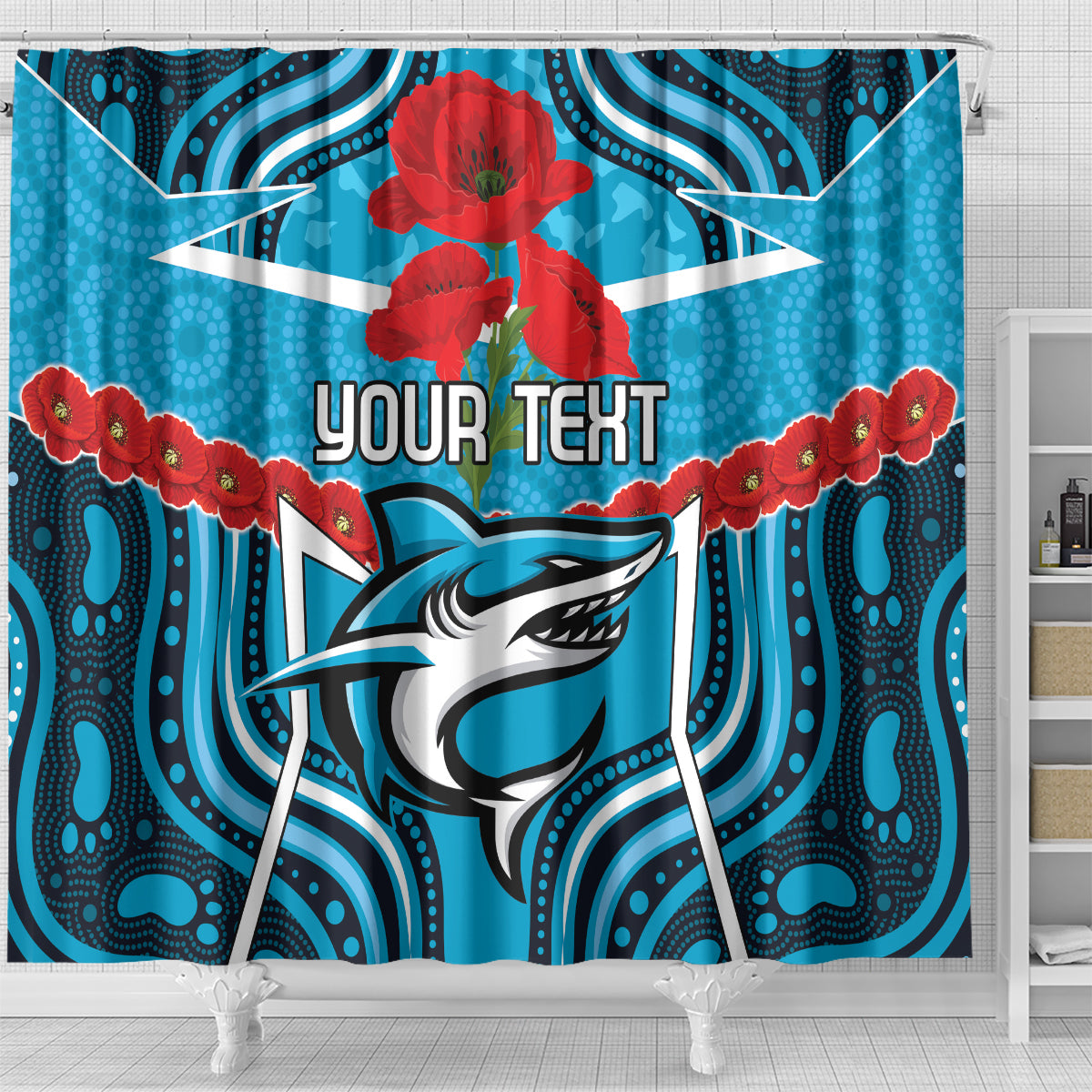 Custom Sharks Rugby ANZAC Shower Curtain Gallipoli Soldier With Aboriginal Art