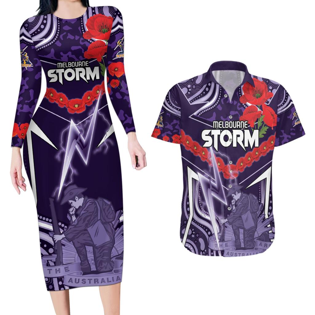 Custom Storm Rugby ANZAC Couples Matching Long Sleeve Bodycon Dress and Hawaiian Shirt Melbourne Gallipoli Soldier With Aboriginal Art