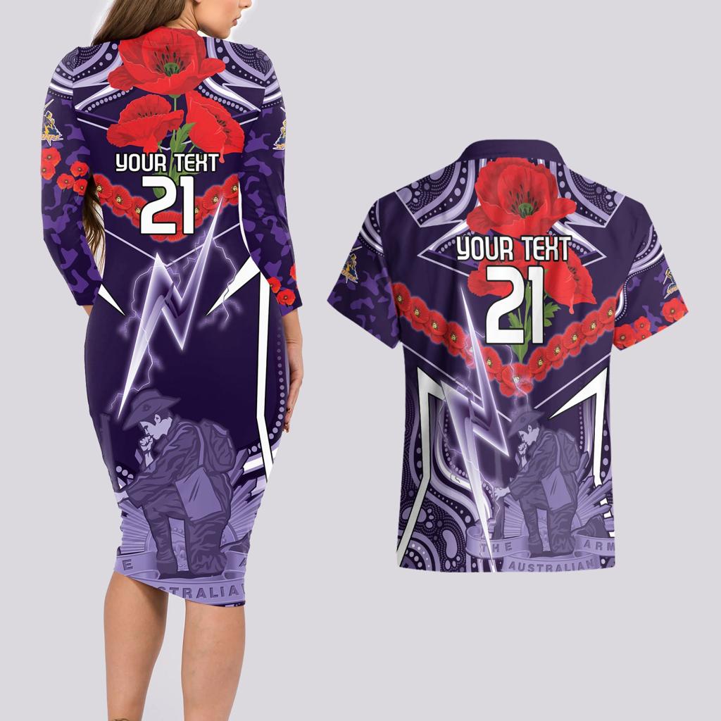 Custom Storm Rugby ANZAC Couples Matching Long Sleeve Bodycon Dress and Hawaiian Shirt Melbourne Gallipoli Soldier With Aboriginal Art