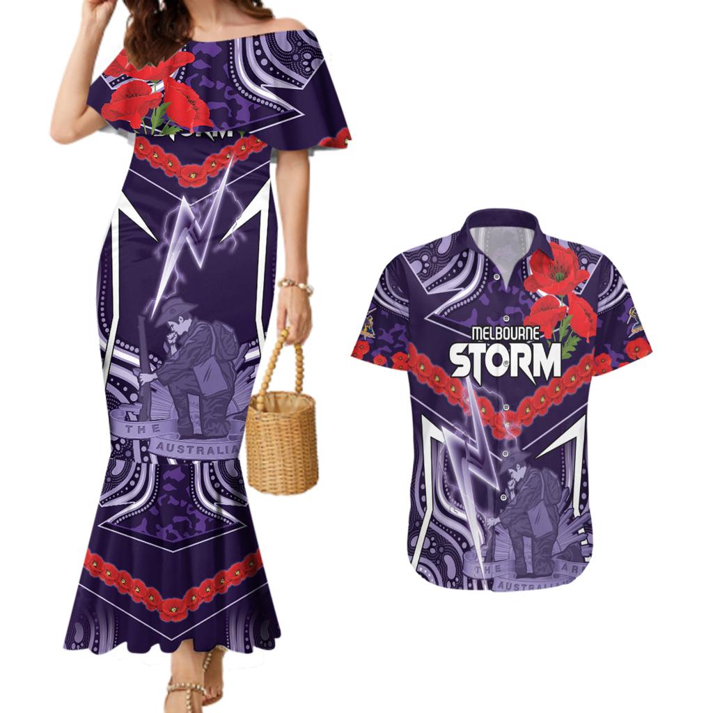 Custom Storm Rugby ANZAC Couples Matching Mermaid Dress and Hawaiian Shirt Melbourne Gallipoli Soldier With Aboriginal Art