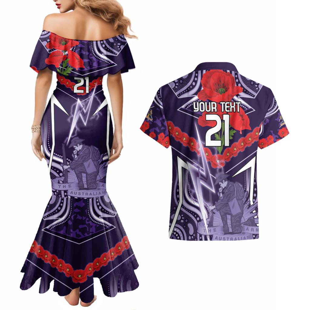 Custom Storm Rugby ANZAC Couples Matching Mermaid Dress and Hawaiian Shirt Melbourne Gallipoli Soldier With Aboriginal Art