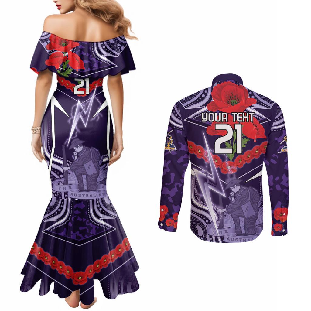 Custom Storm Rugby ANZAC Couples Matching Mermaid Dress and Long Sleeve Button Shirt Melbourne Gallipoli Soldier With Aboriginal Art