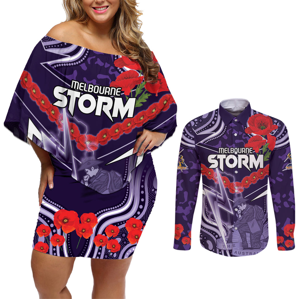 Custom Storm Rugby ANZAC Couples Matching Off Shoulder Short Dress and Long Sleeve Button Shirt Melbourne Gallipoli Soldier With Aboriginal Art