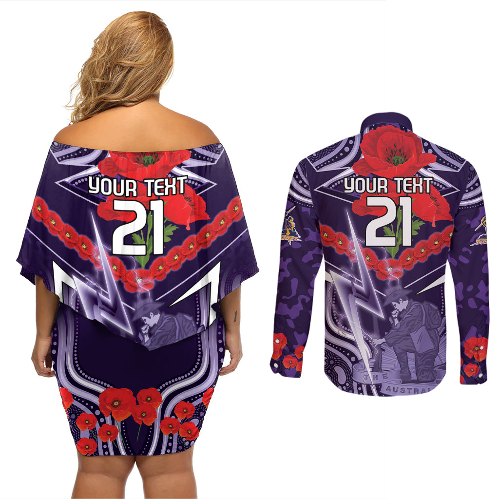 Custom Storm Rugby ANZAC Couples Matching Off Shoulder Short Dress and Long Sleeve Button Shirt Melbourne Gallipoli Soldier With Aboriginal Art