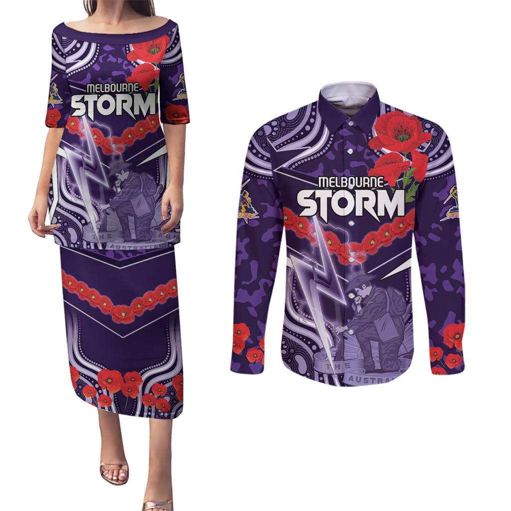 Custom Storm Rugby ANZAC Couples Matching Puletasi and Long Sleeve Button Shirt Melbourne Gallipoli Soldier With Aboriginal Art