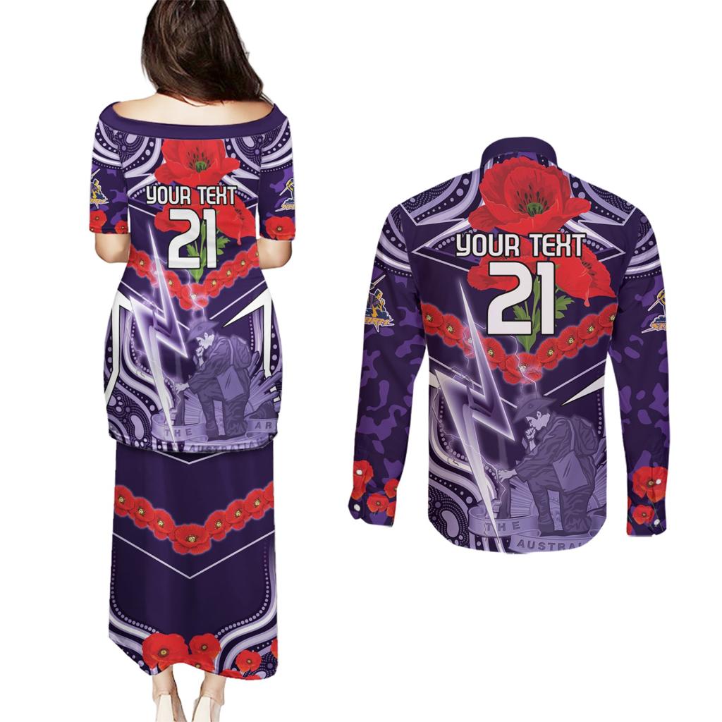 Custom Storm Rugby ANZAC Couples Matching Puletasi and Long Sleeve Button Shirt Melbourne Gallipoli Soldier With Aboriginal Art