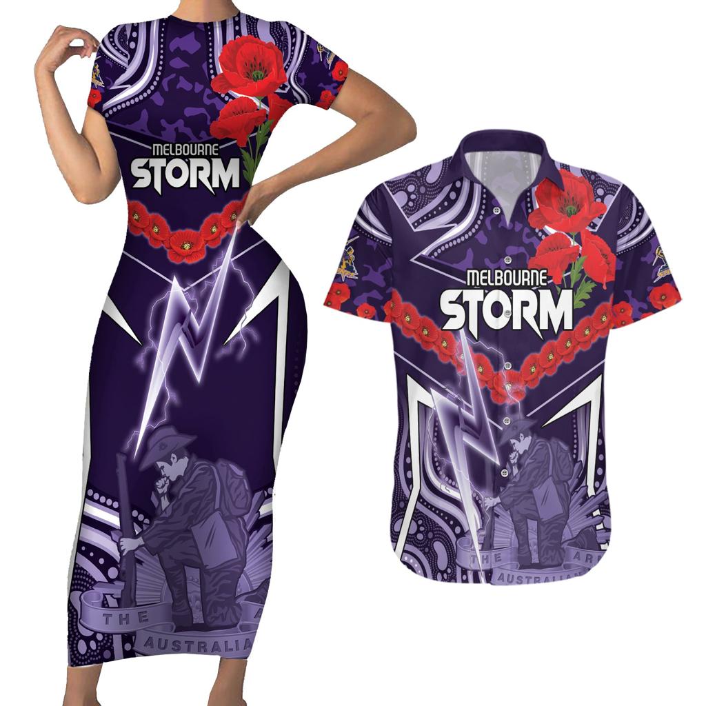 Custom Storm Rugby ANZAC Couples Matching Short Sleeve Bodycon Dress and Hawaiian Shirt Melbourne Gallipoli Soldier With Aboriginal Art