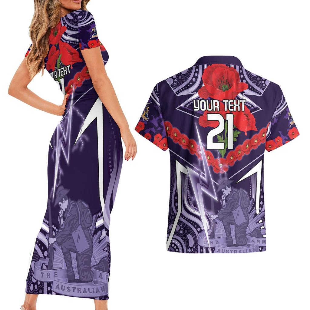 Custom Storm Rugby ANZAC Couples Matching Short Sleeve Bodycon Dress and Hawaiian Shirt Melbourne Gallipoli Soldier With Aboriginal Art