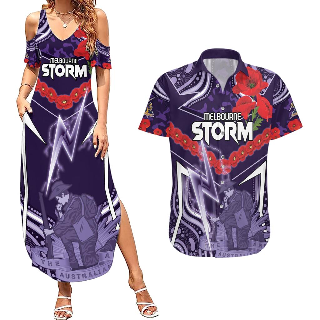 Custom Storm Rugby ANZAC Couples Matching Summer Maxi Dress and Hawaiian Shirt Melbourne Gallipoli Soldier With Aboriginal Art