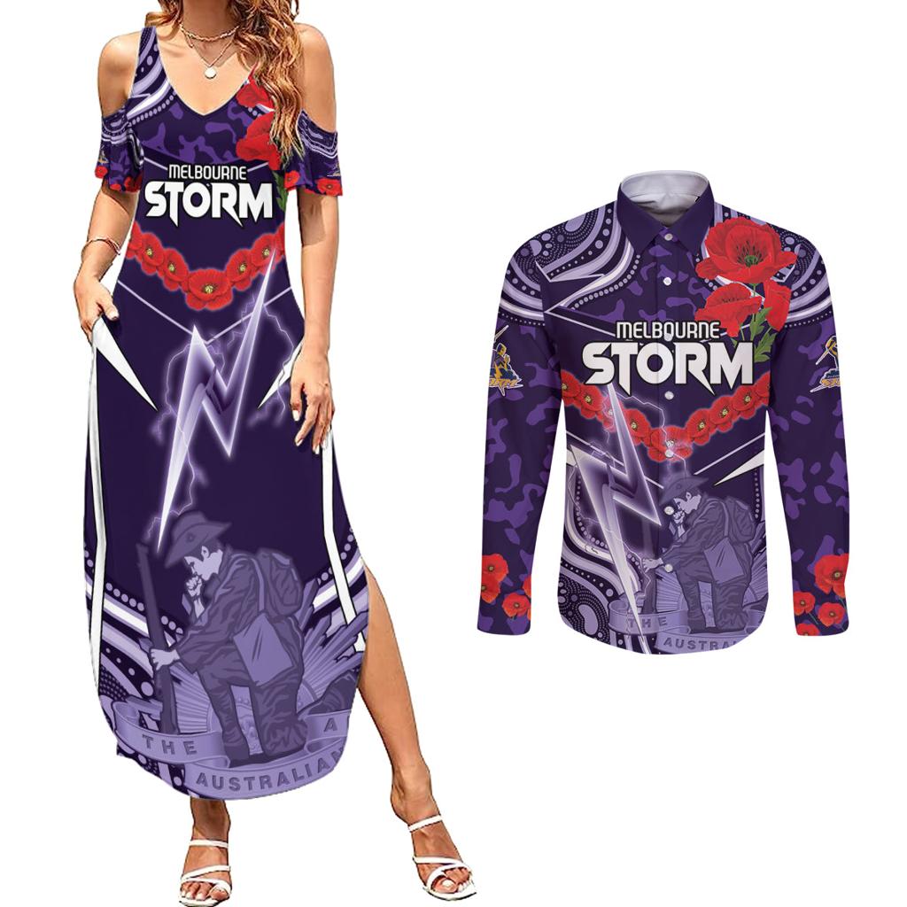 Custom Storm Rugby ANZAC Couples Matching Summer Maxi Dress and Long Sleeve Button Shirt Melbourne Gallipoli Soldier With Aboriginal Art