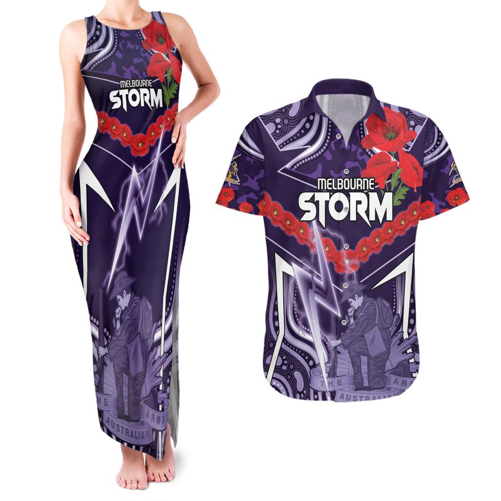 Custom Storm Rugby ANZAC Couples Matching Tank Maxi Dress and Hawaiian Shirt Melbourne Gallipoli Soldier With Aboriginal Art