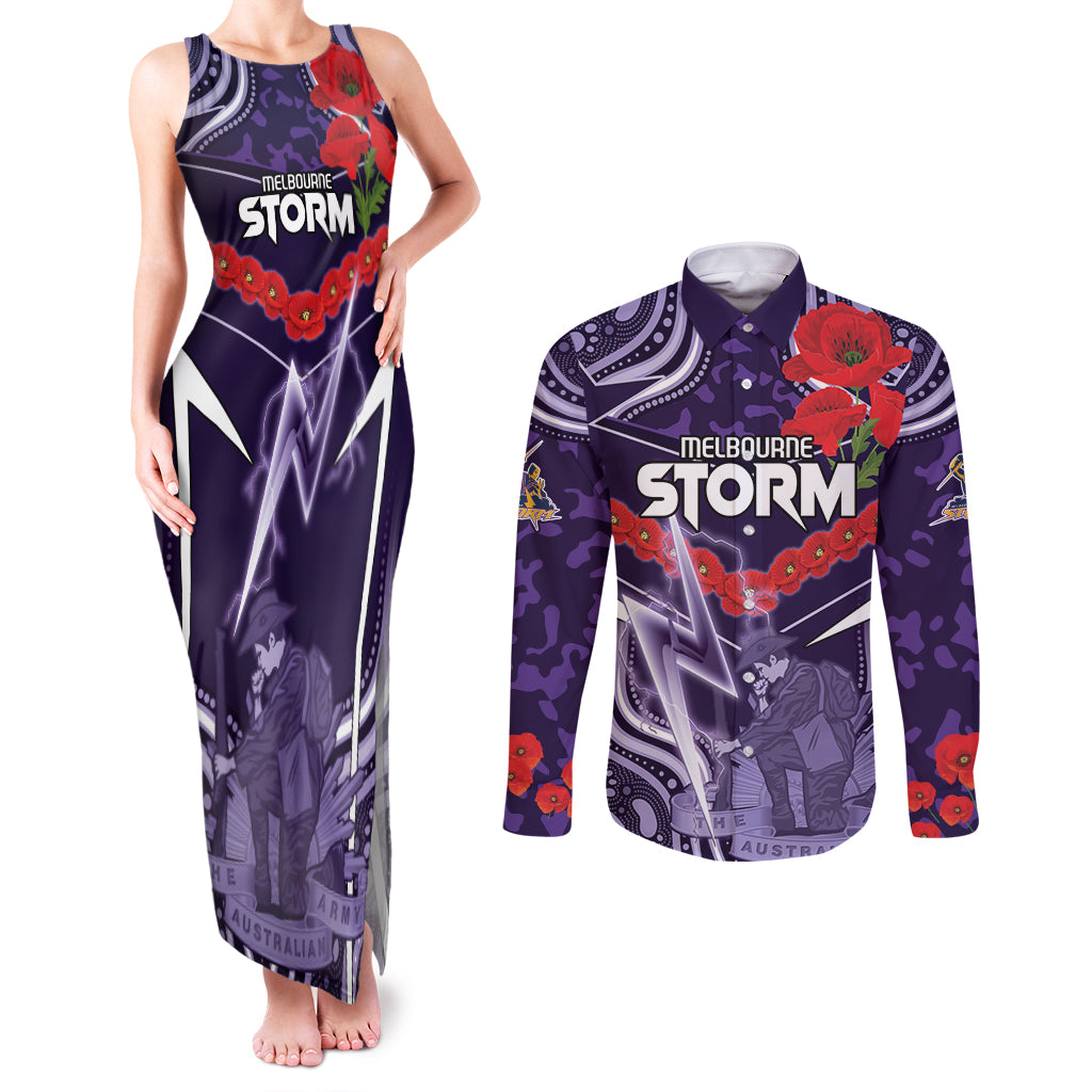 Custom Storm Rugby ANZAC Couples Matching Tank Maxi Dress and Long Sleeve Button Shirt Melbourne Gallipoli Soldier With Aboriginal Art