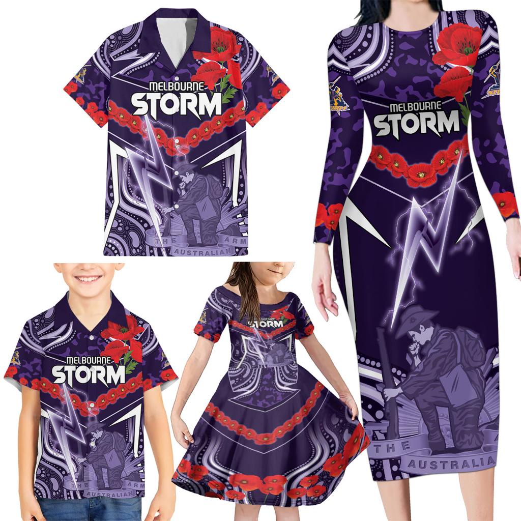 Custom Storm Rugby ANZAC Family Matching Long Sleeve Bodycon Dress and Hawaiian Shirt Melbourne Gallipoli Soldier With Aboriginal Art