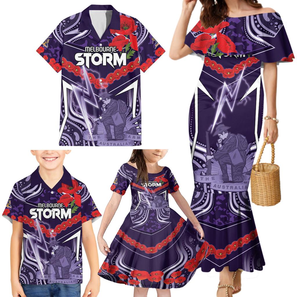 Custom Storm Rugby ANZAC Family Matching Mermaid Dress and Hawaiian Shirt Melbourne Gallipoli Soldier With Aboriginal Art