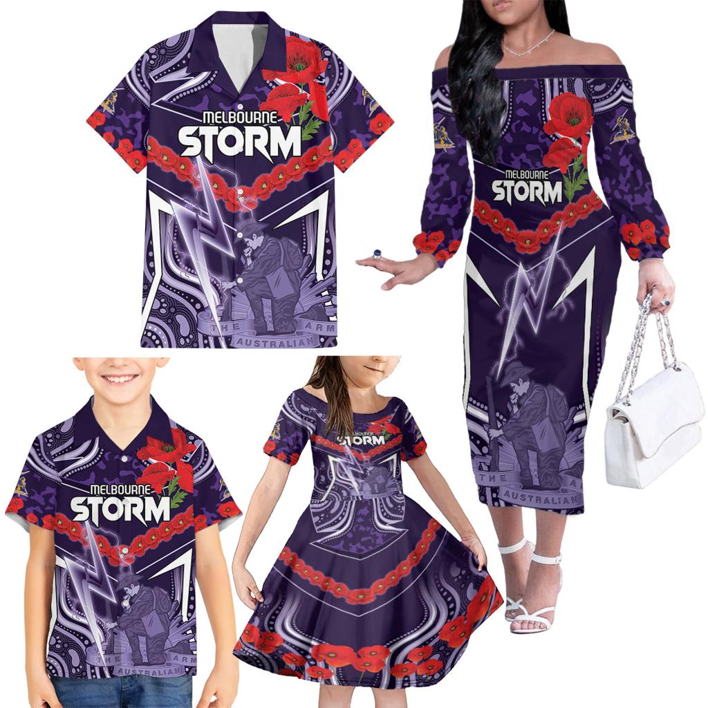 Custom Storm Rugby ANZAC Family Matching Off The Shoulder Long Sleeve Dress and Hawaiian Shirt Melbourne Gallipoli Soldier With Aboriginal Art