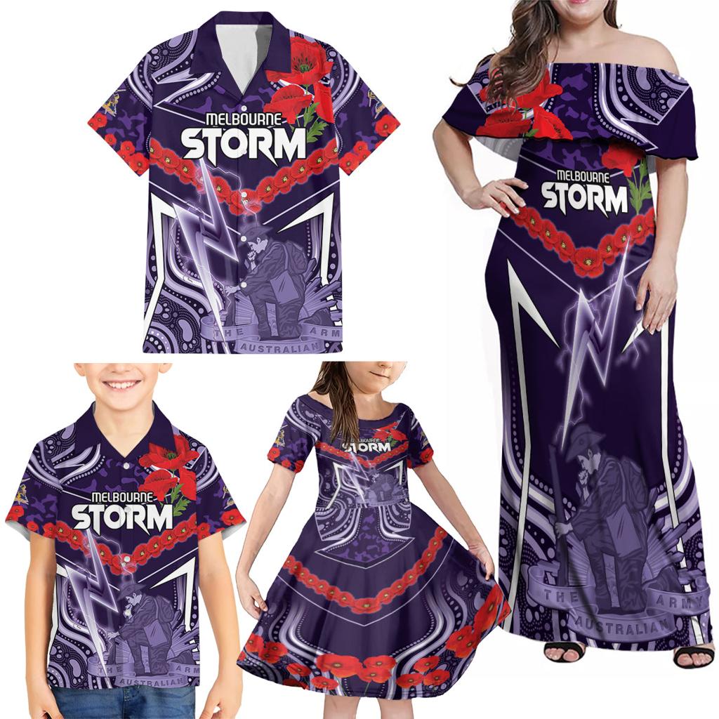 Custom Storm Rugby ANZAC Family Matching Off Shoulder Maxi Dress and Hawaiian Shirt Melbourne Gallipoli Soldier With Aboriginal Art