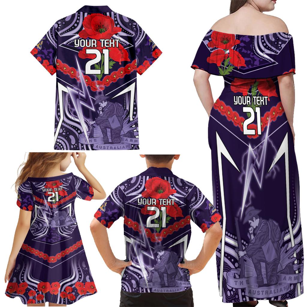 Custom Storm Rugby ANZAC Family Matching Off Shoulder Maxi Dress and Hawaiian Shirt Melbourne Gallipoli Soldier With Aboriginal Art