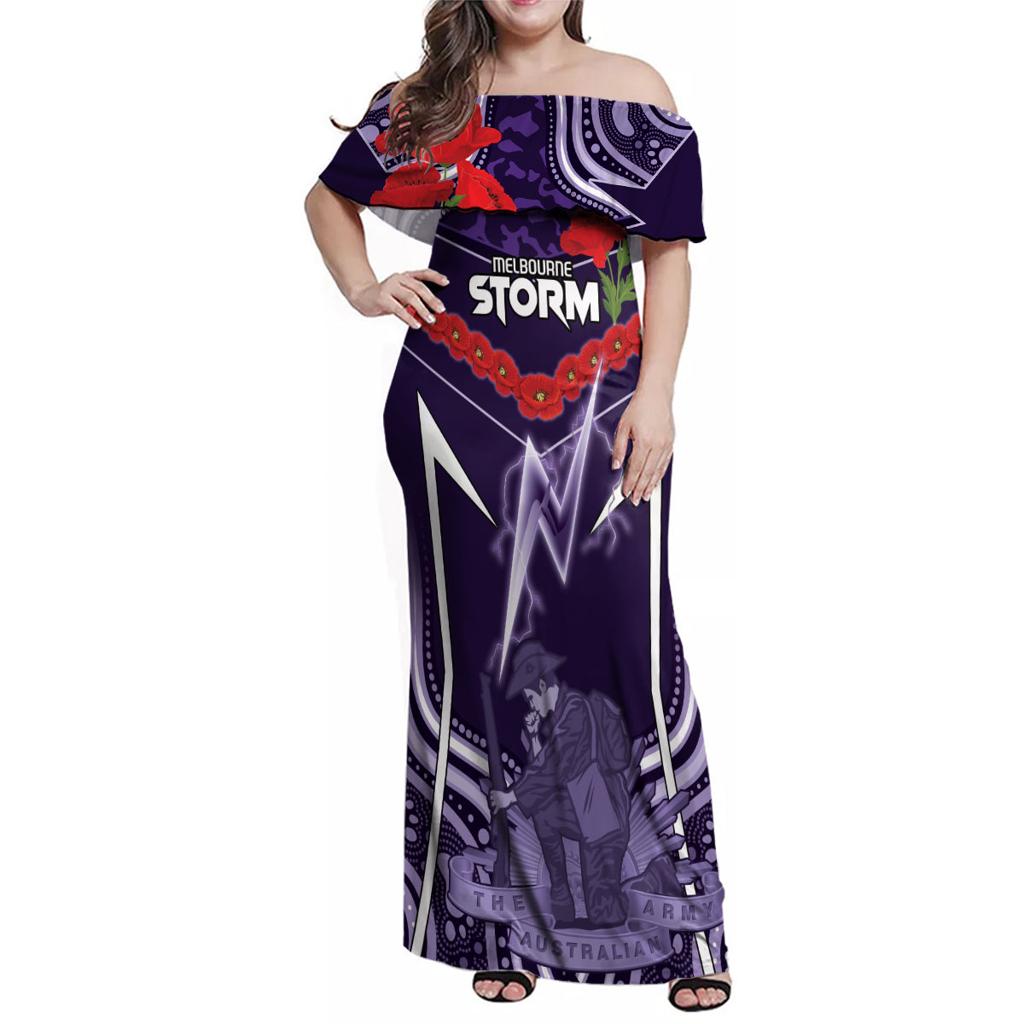 Custom Storm Rugby ANZAC Family Matching Off Shoulder Maxi Dress and Hawaiian Shirt Melbourne Gallipoli Soldier With Aboriginal Art