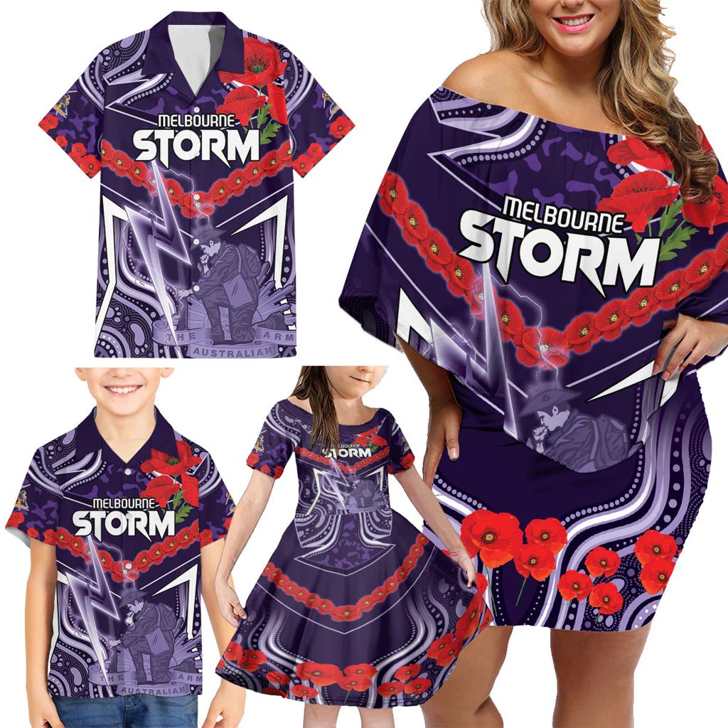 Custom Storm Rugby ANZAC Family Matching Off Shoulder Short Dress and Hawaiian Shirt Melbourne Gallipoli Soldier With Aboriginal Art