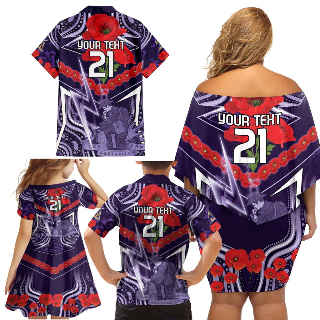 Custom Storm Rugby ANZAC Family Matching Off Shoulder Short Dress and Hawaiian Shirt Melbourne Gallipoli Soldier With Aboriginal Art