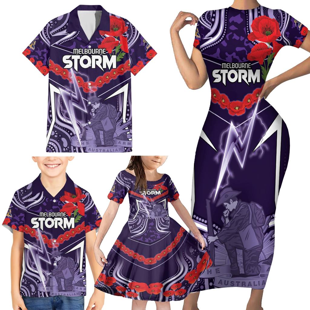 Custom Storm Rugby ANZAC Family Matching Short Sleeve Bodycon Dress and Hawaiian Shirt Melbourne Gallipoli Soldier With Aboriginal Art