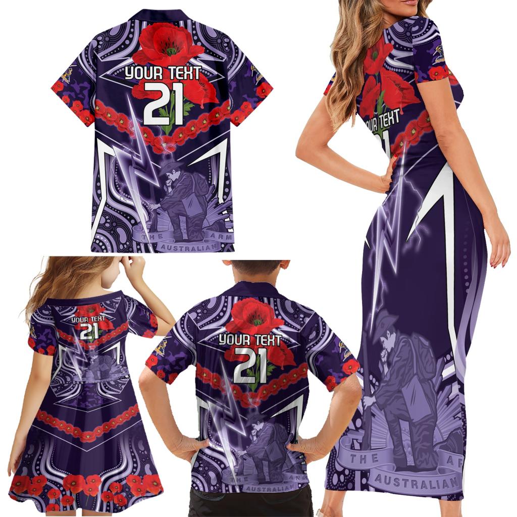 Custom Storm Rugby ANZAC Family Matching Short Sleeve Bodycon Dress and Hawaiian Shirt Melbourne Gallipoli Soldier With Aboriginal Art