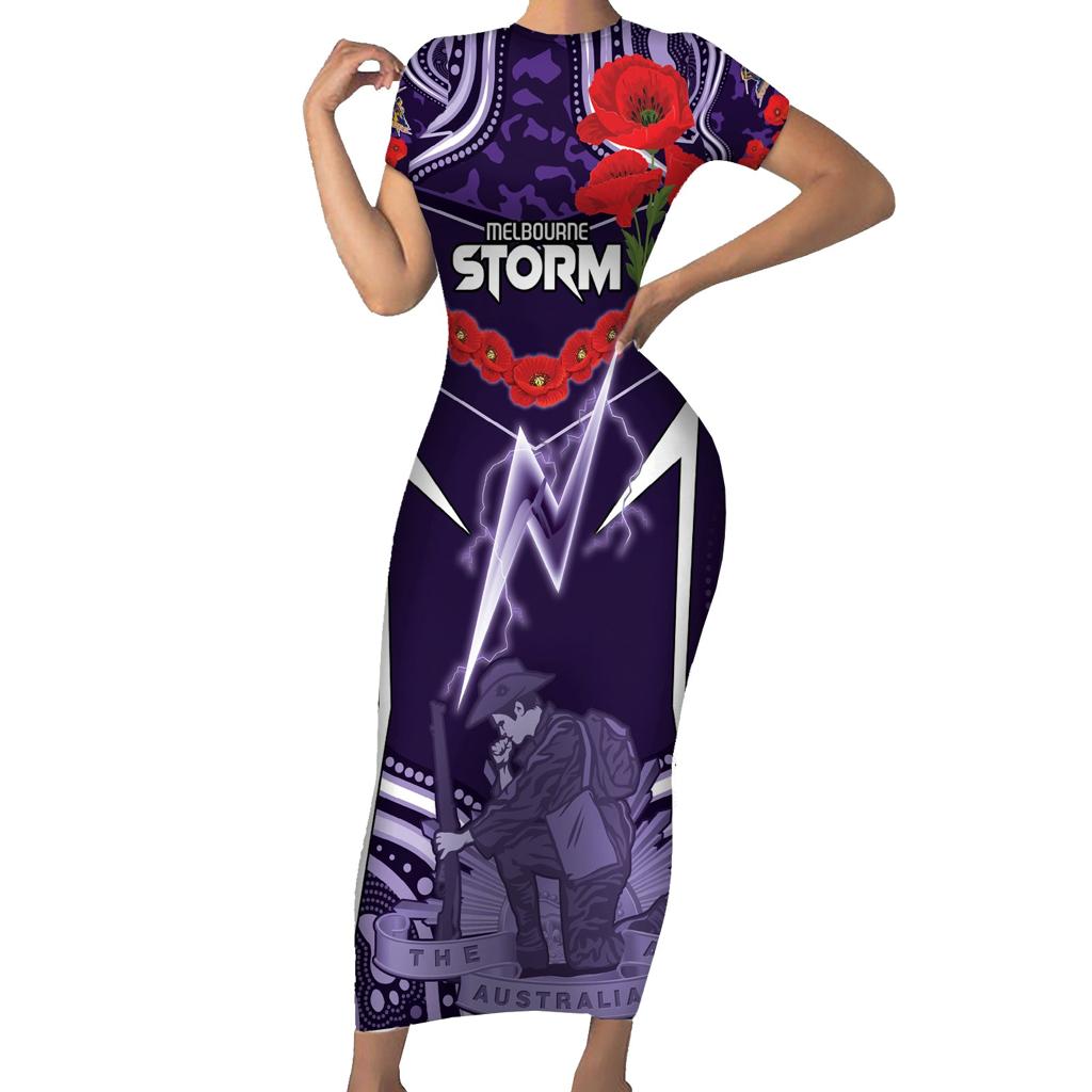 Custom Storm Rugby ANZAC Family Matching Short Sleeve Bodycon Dress and Hawaiian Shirt Melbourne Gallipoli Soldier With Aboriginal Art