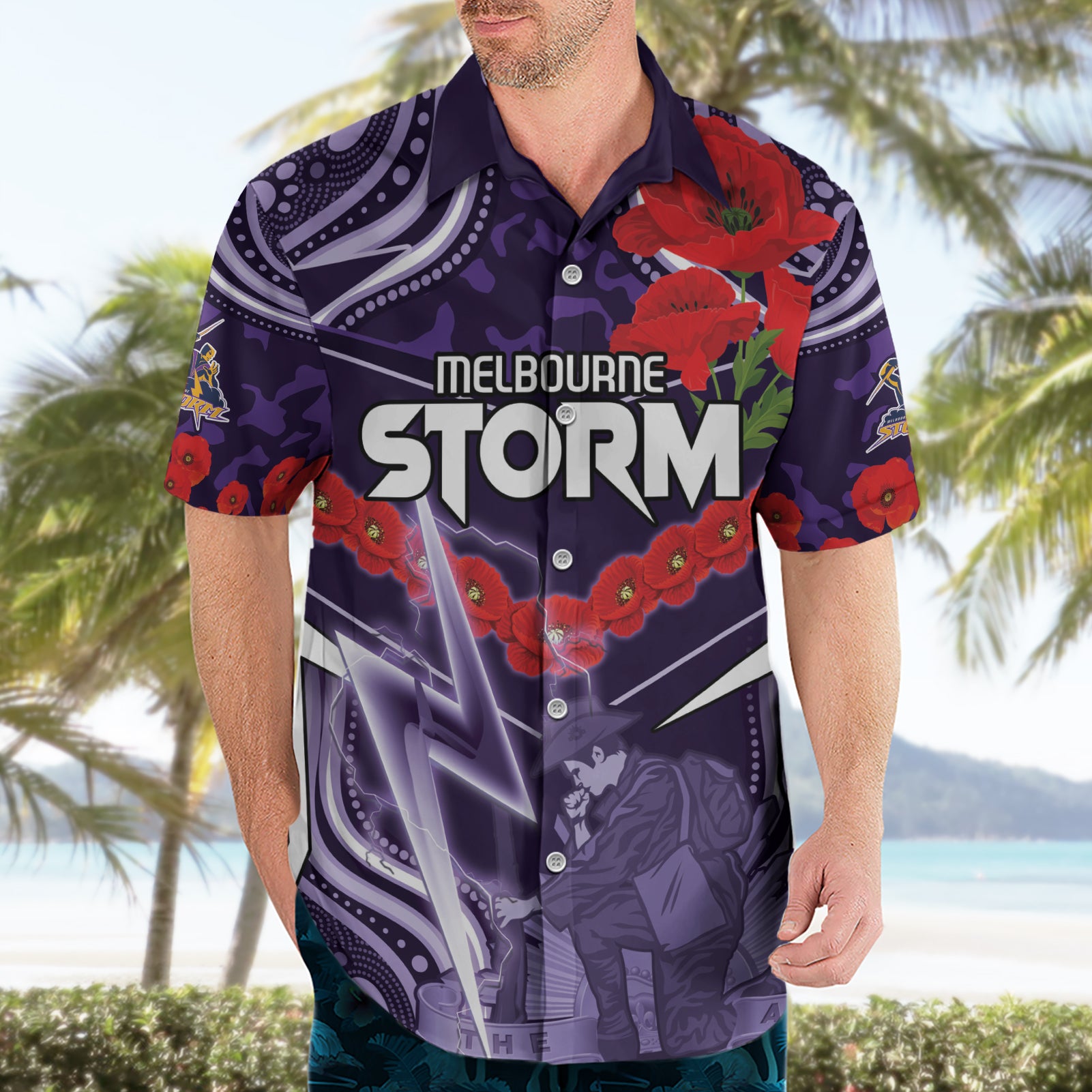 Custom Storm Rugby ANZAC Hawaiian Shirt Melbourne Gallipoli Soldier With Aboriginal Art