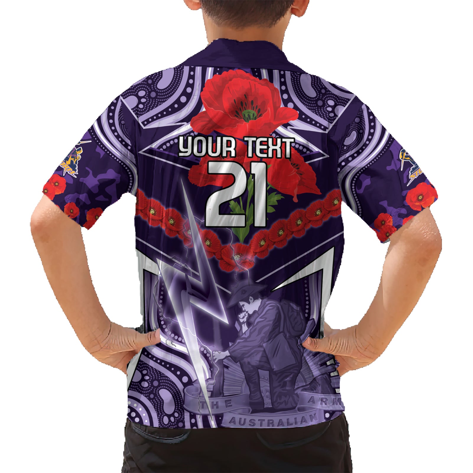 Custom Storm Rugby ANZAC Kid Hawaiian Shirt Melbourne Gallipoli Soldier With Aboriginal Art