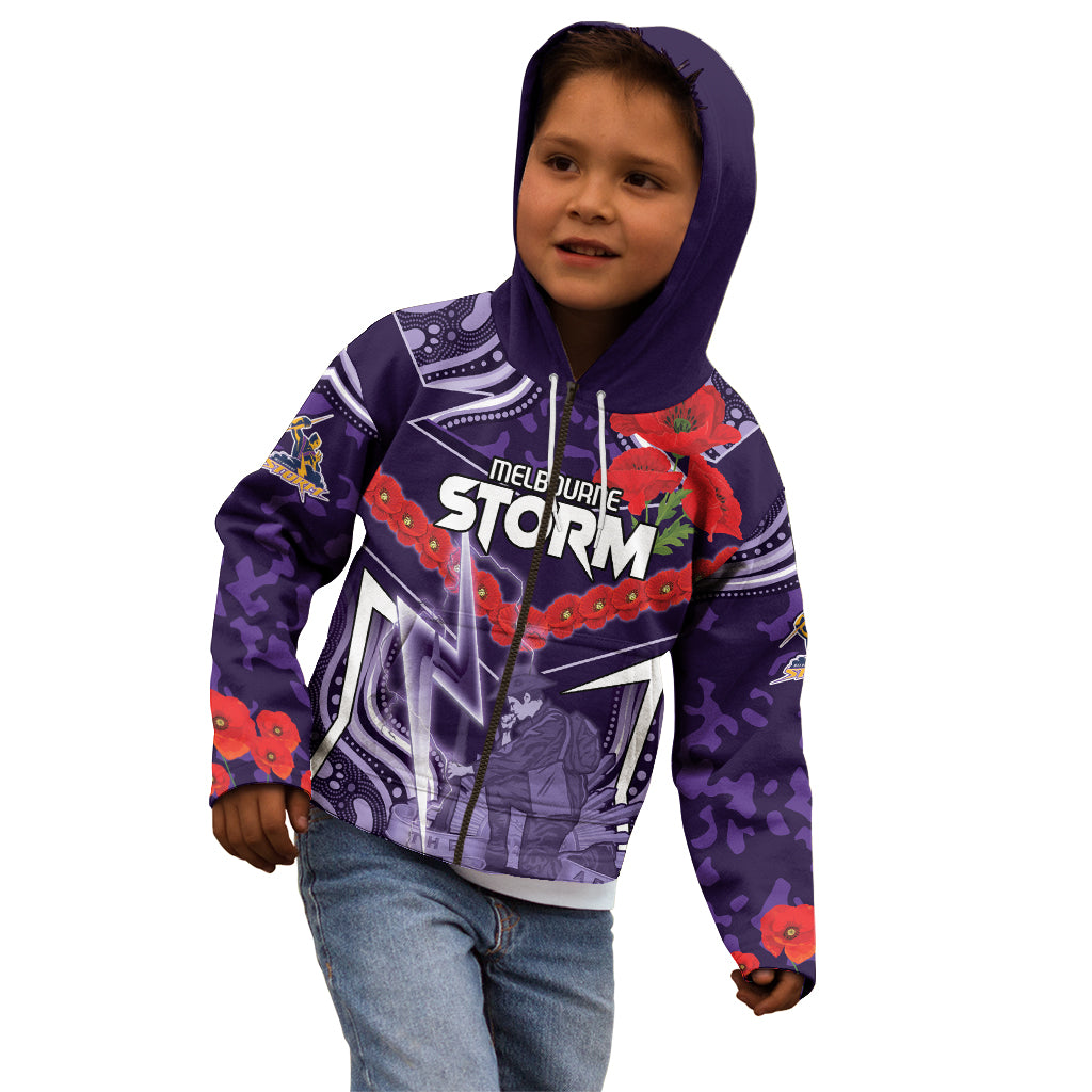 Custom Storm Rugby ANZAC Kid Hoodie Melbourne Gallipoli Soldier With Aboriginal Art