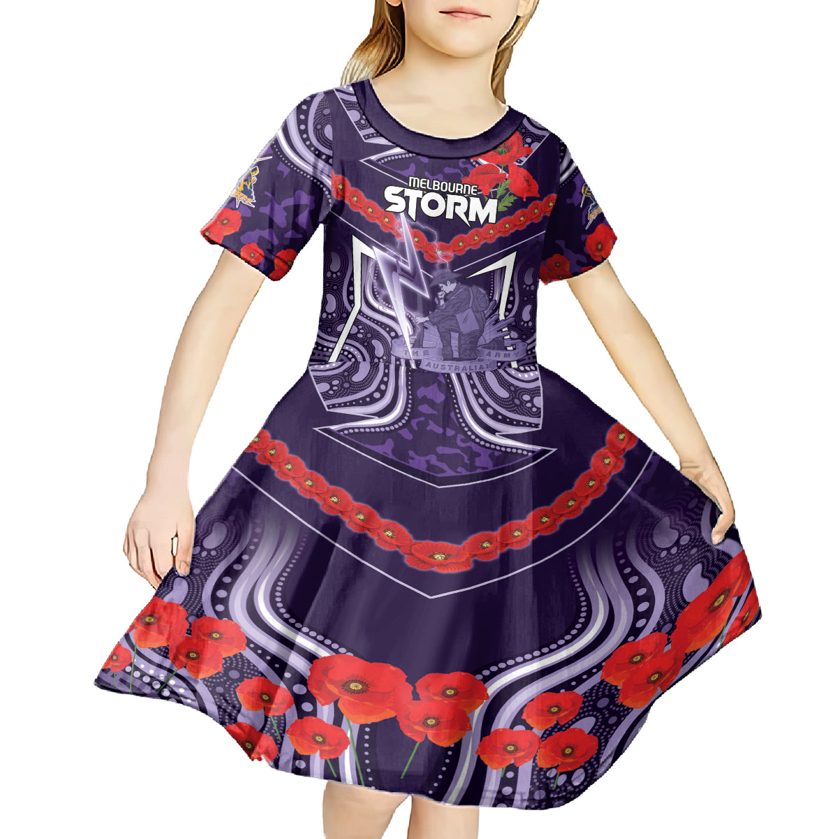 Custom Storm Rugby ANZAC Kid Short Sleeve Dress Melbourne Gallipoli Soldier With Aboriginal Art