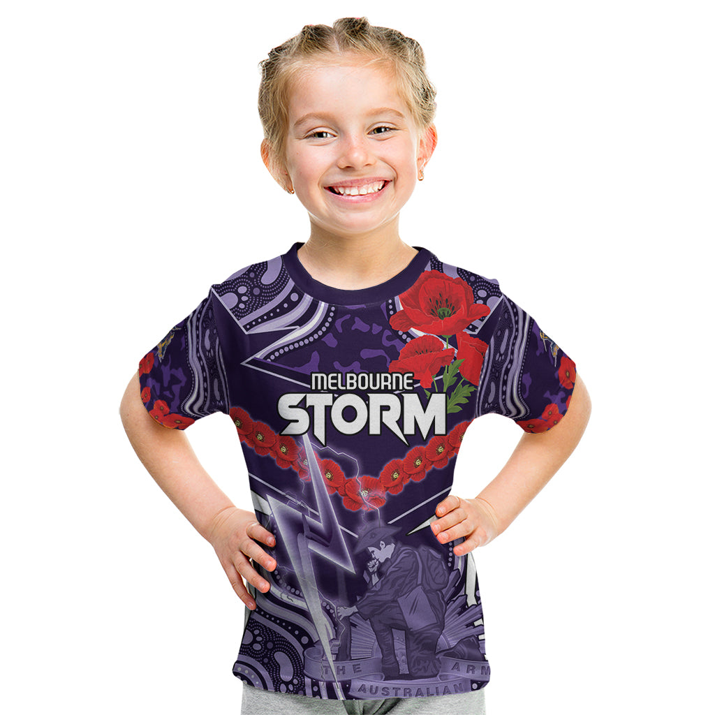 Custom Storm Rugby ANZAC Kid T Shirt Melbourne Gallipoli Soldier With Aboriginal Art