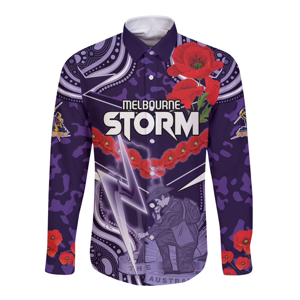 Custom Storm Rugby ANZAC Long Sleeve Button Shirt Melbourne Gallipoli Soldier With Aboriginal Art