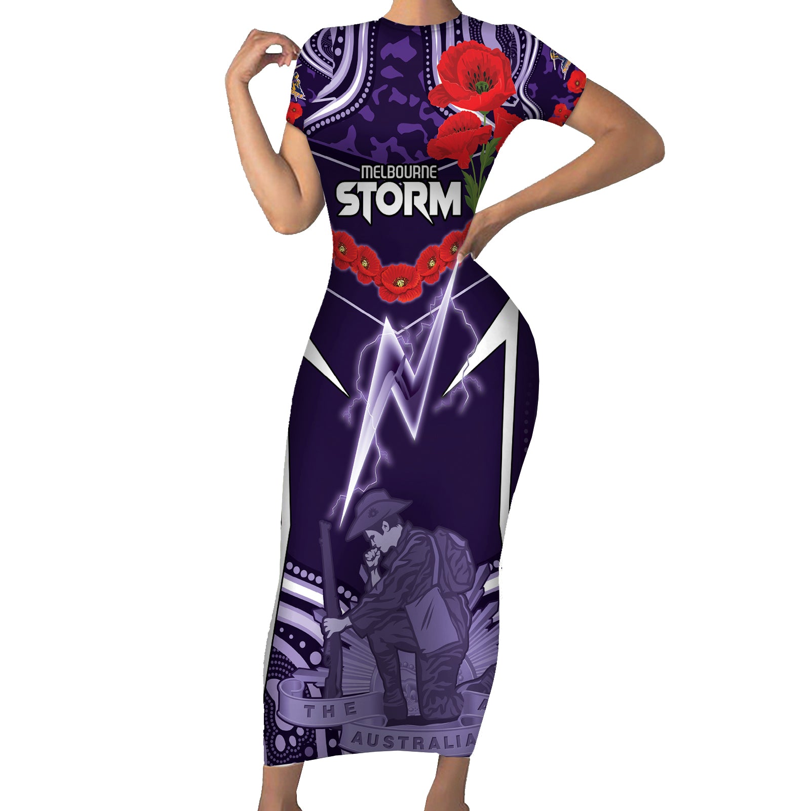 Custom Storm Rugby ANZAC Short Sleeve Bodycon Dress Melbourne Gallipoli Soldier With Aboriginal Art