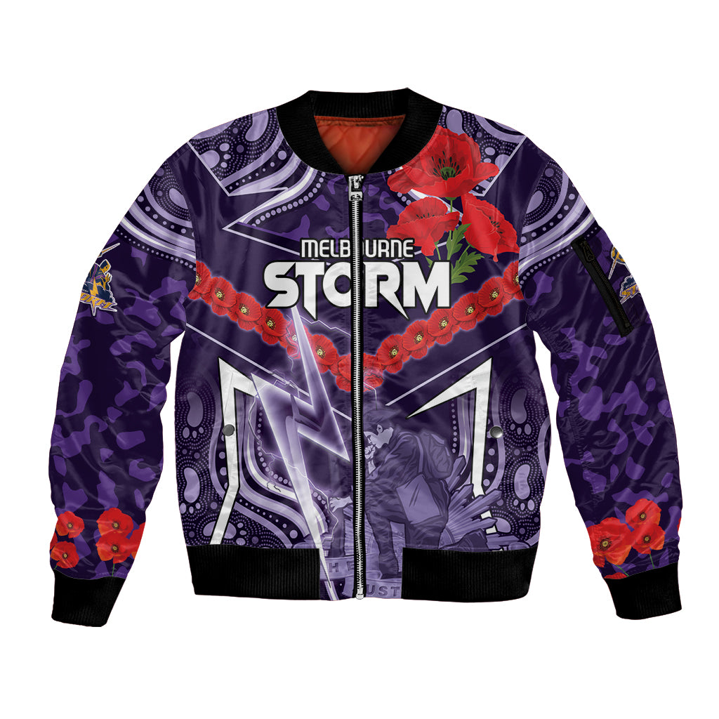 Custom Storm Rugby ANZAC Sleeve Zip Bomber Jacket Melbourne Gallipoli Soldier With Aboriginal Art