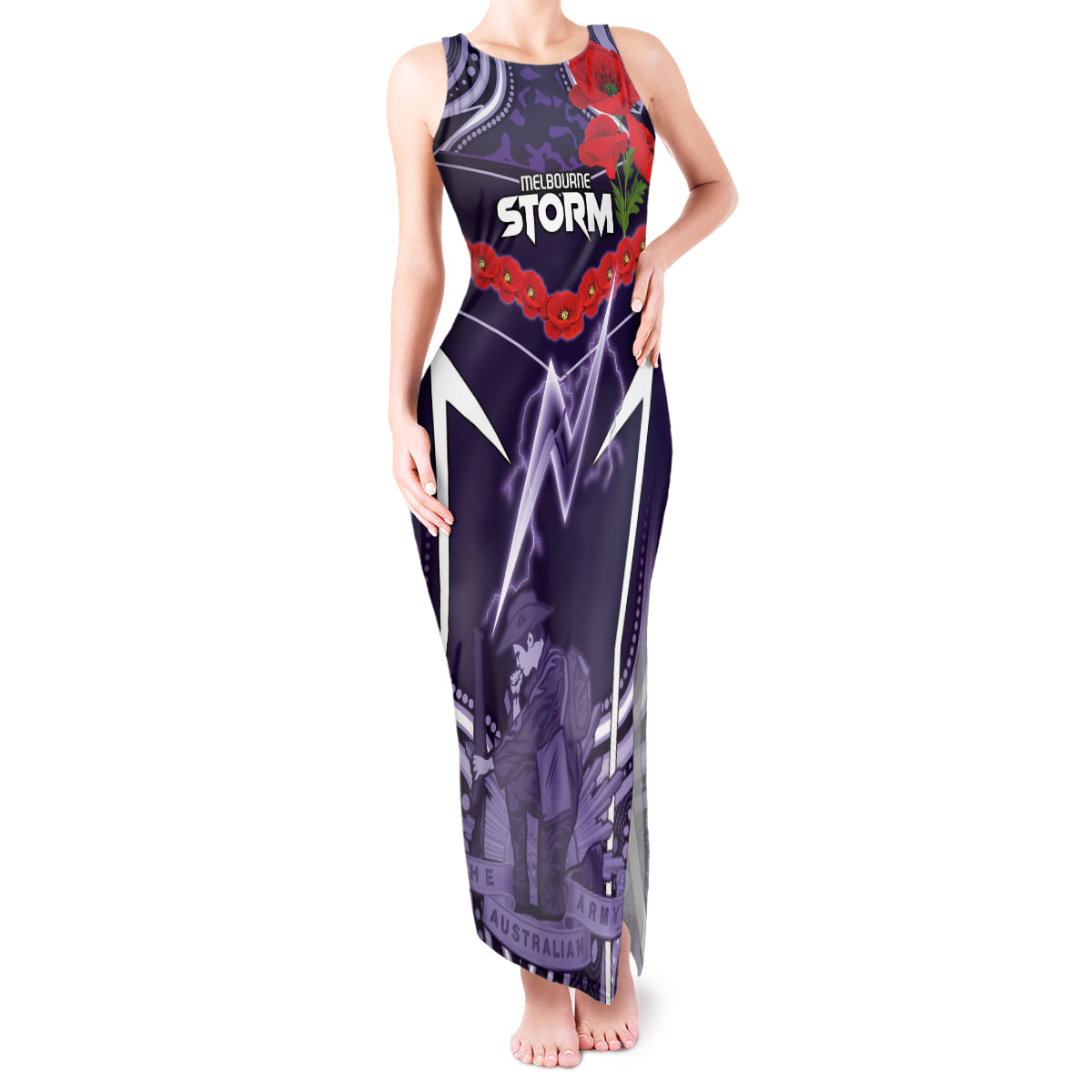 Custom Storm Rugby ANZAC Tank Maxi Dress Melbourne Gallipoli Soldier With Aboriginal Art