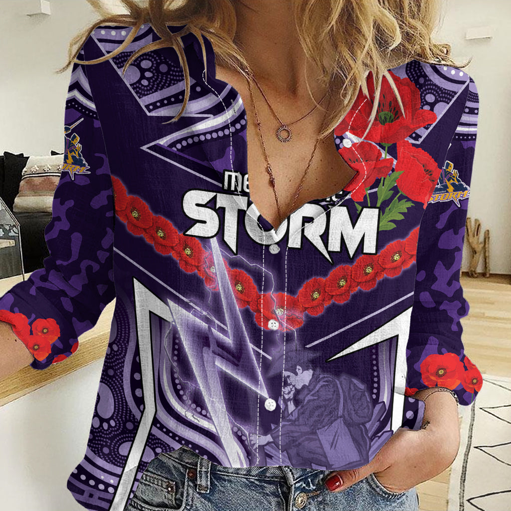 Custom Storm Rugby ANZAC Women Casual Shirt Melbourne Gallipoli Soldier With Aboriginal Art