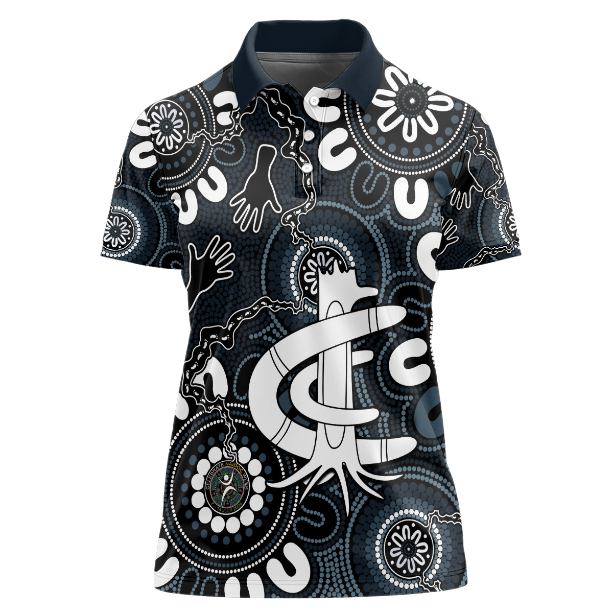 Custom Carlton Blues NAIDOC Week 2024 Women Polo Shirt Fire Burning Aboriginal Dots Art