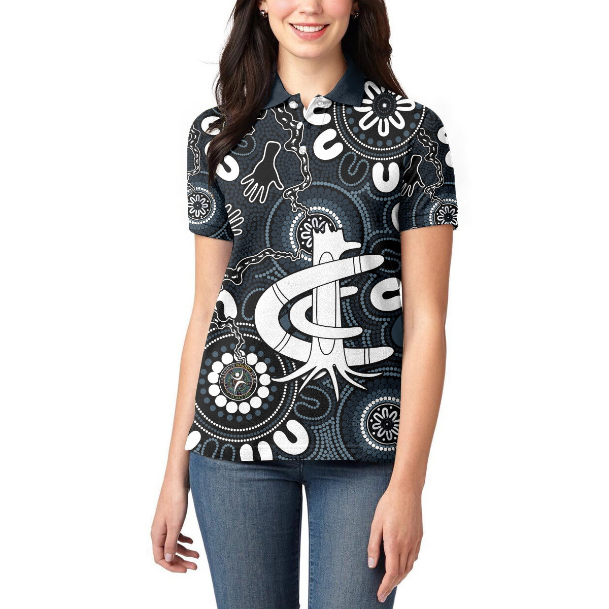 Custom Carlton Blues NAIDOC Week 2024 Women Polo Shirt Fire Burning Aboriginal Dots Art