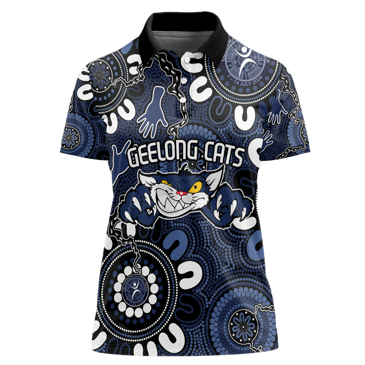 Custom Geelong Cats NAIDOC Week 2024 Women Polo Shirt Fire Burning Aboriginal Dots Art