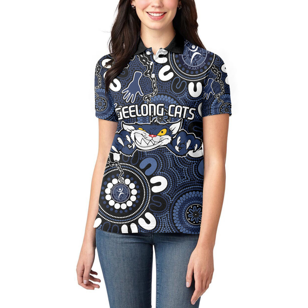 Custom Geelong Cats NAIDOC Week 2024 Women Polo Shirt Fire Burning Aboriginal Dots Art